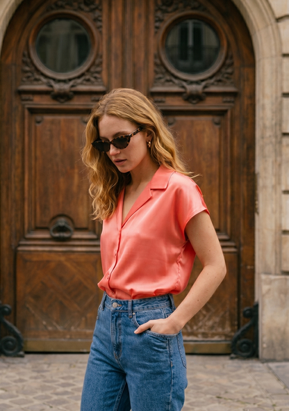 CHEMISE SATINÉE A MANCHES COURTES Femme - K-ZELL PARIS