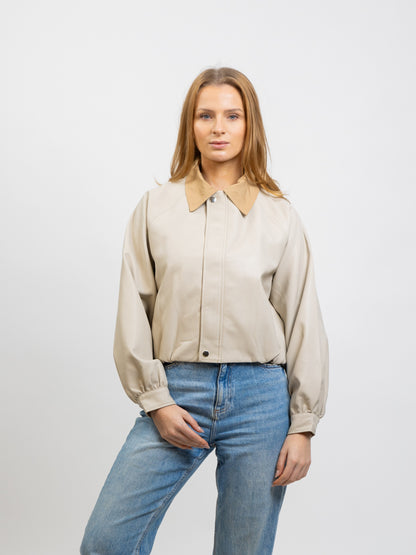 VESTE EN SIMILICUIR À COL CONTRASTÉ