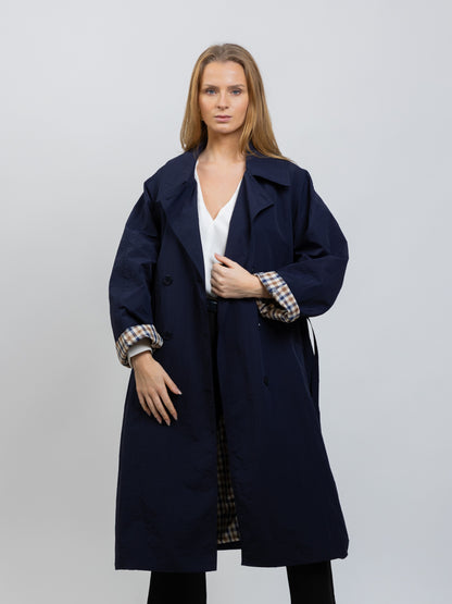 TRENCH LONG À CEINTURE ET DOUBLURE CARREAUX