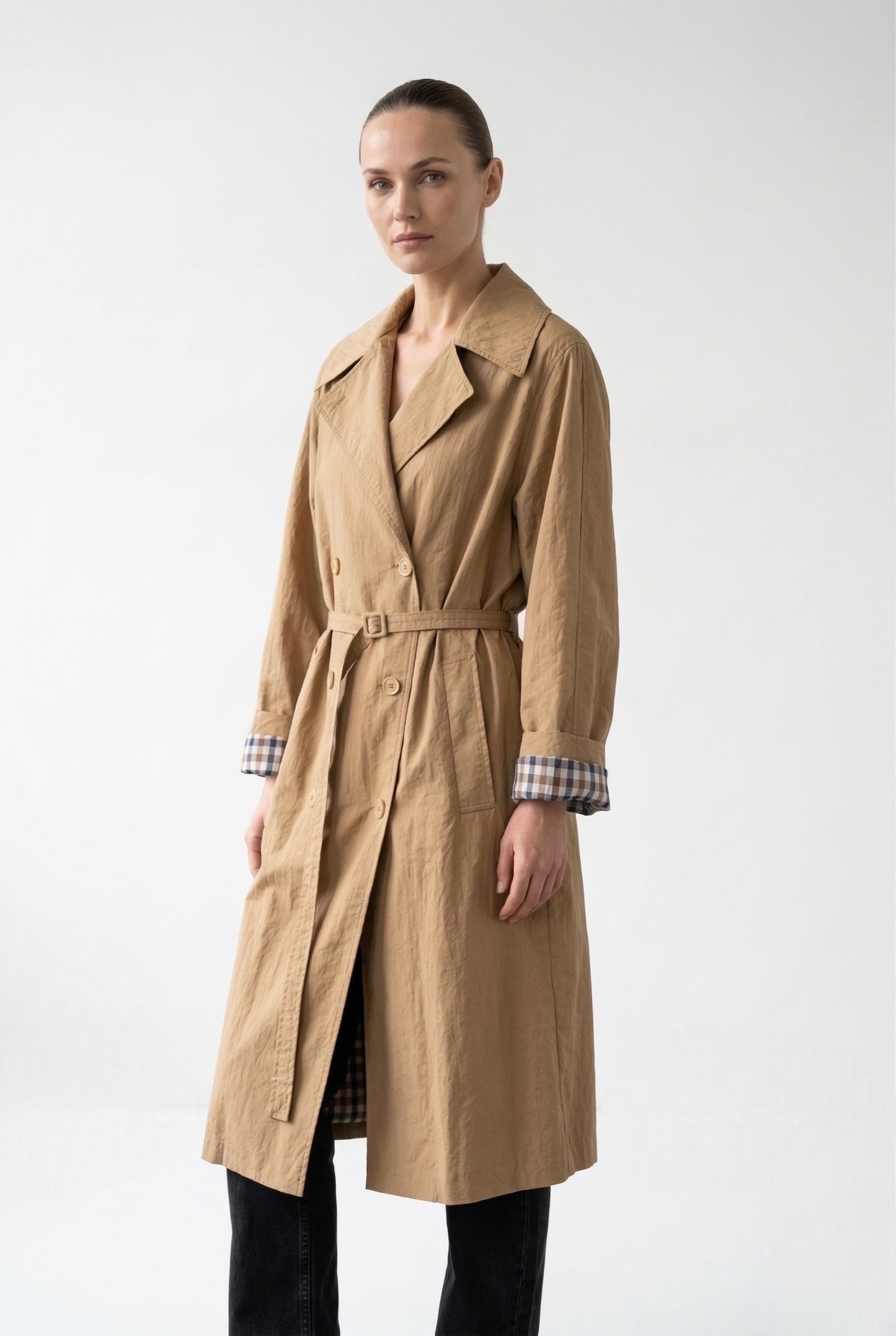 TRENCH LONG À CEINTURE ET DOUBLURE CARREAUX