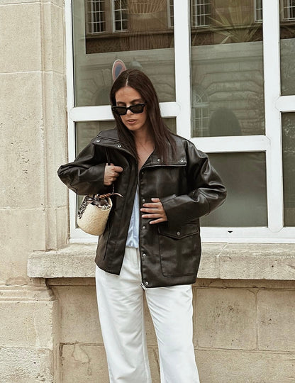 VESTE UTILITAIRE MI-LONGUE EN SIMILICUIR