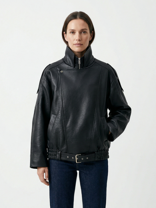 VESTE BIKER SIMILICUIR GRAINÉ À DOUBLE COL