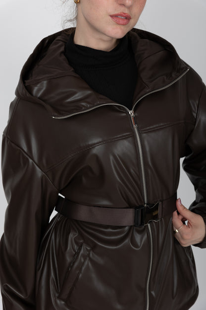 PARKA À CAPUCHE ET CEINTURE EN SIMILI CUIR - K-ZELL PARIS
