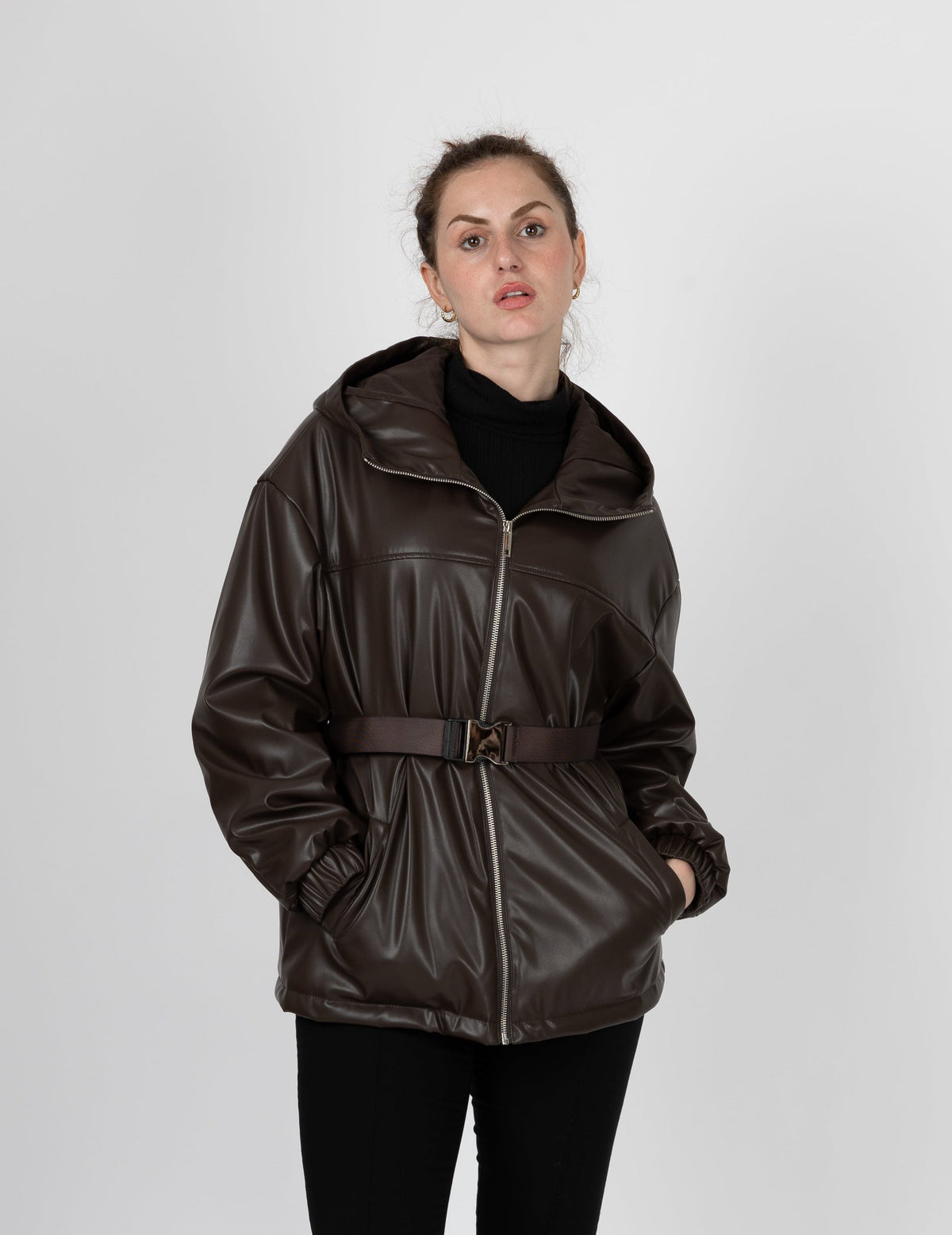 PARKA À CAPUCHE ET CEINTURE EN SIMILI CUIR - K-ZELL PARIS