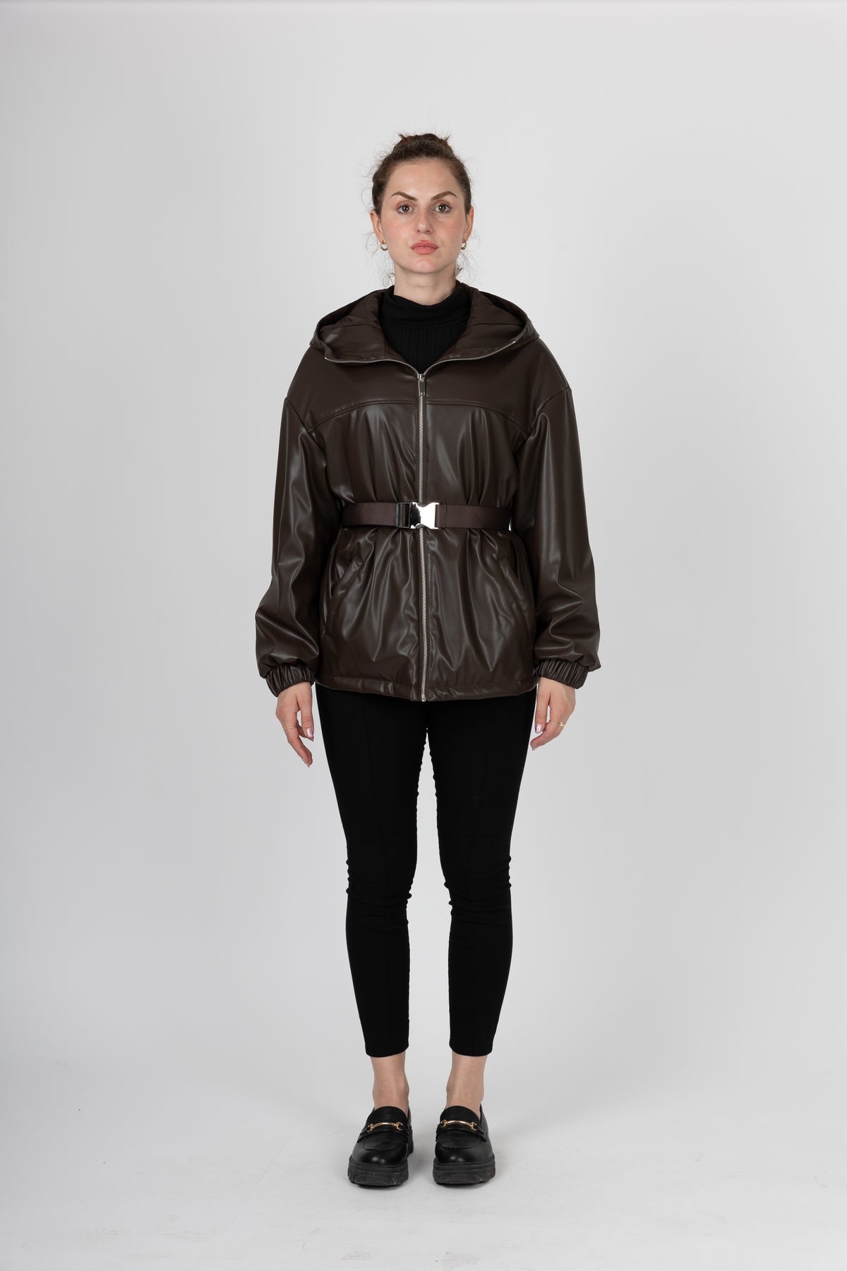 PARKA À CAPUCHE ET CEINTURE EN SIMILI CUIR - K-ZELL PARIS