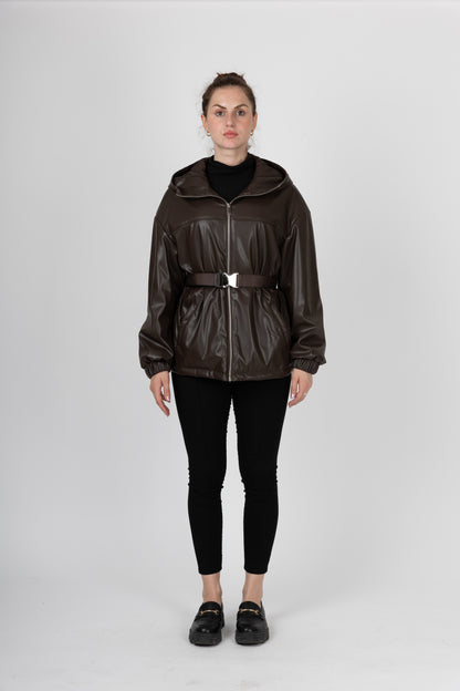 PARKA À CAPUCHE ET CEINTURE EN SIMILI CUIR - K-ZELL PARIS