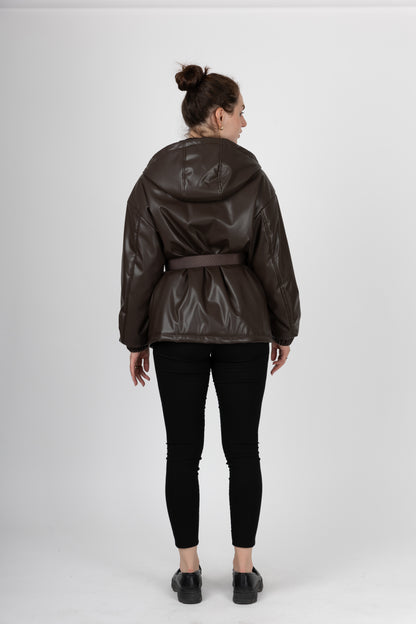 PARKA À CAPUCHE ET CEINTURE EN SIMILI CUIR - K-ZELL PARIS