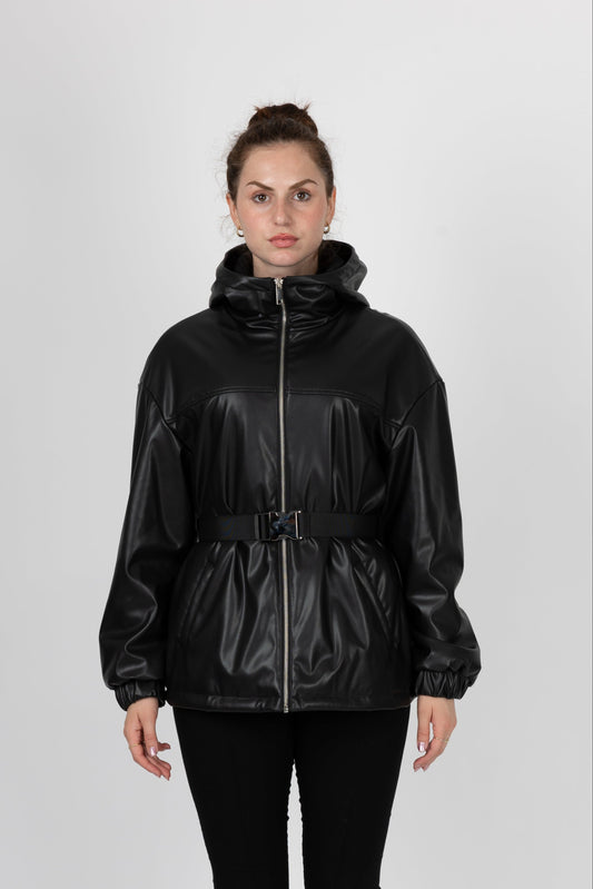 PARKA À CAPUCHE ET CEINTURE EN SIMILI CUIR