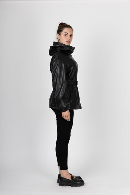 PARKA À CAPUCHE ET CEINTURE EN SIMILI CUIR - K-ZELL PARIS