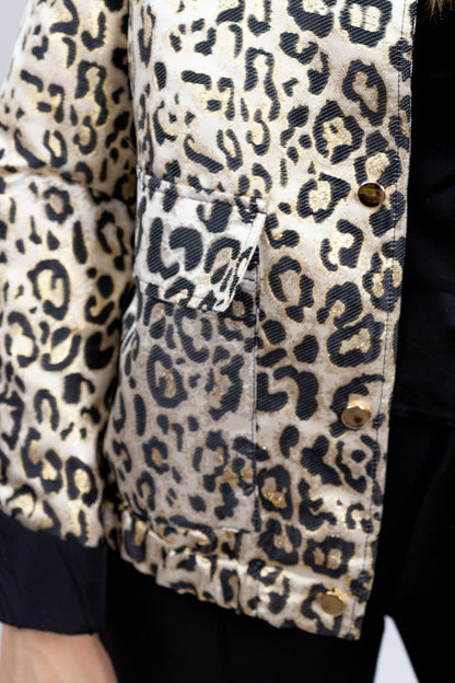 VESTE BLOUSON À MOTIF LEOPARD MÉTALLISÉ