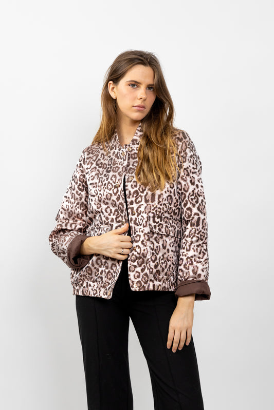 VESTE BLOUSON À MOTIF LEOPARD MÉTALLISÉ