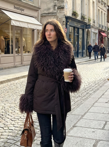 MANTEAU AVEC COL FAUSSE FOURRURE MOUTON DE MONGOLIE