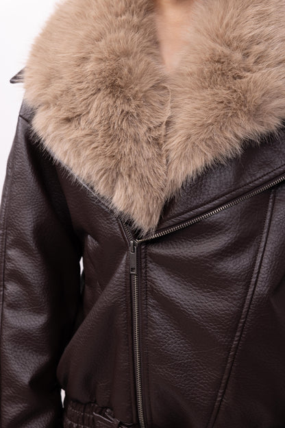 BLOUSON SIMILICUIR AVEC COL FAUSSE FOURRURE AMOVIBLE - K-ZELL PARIS