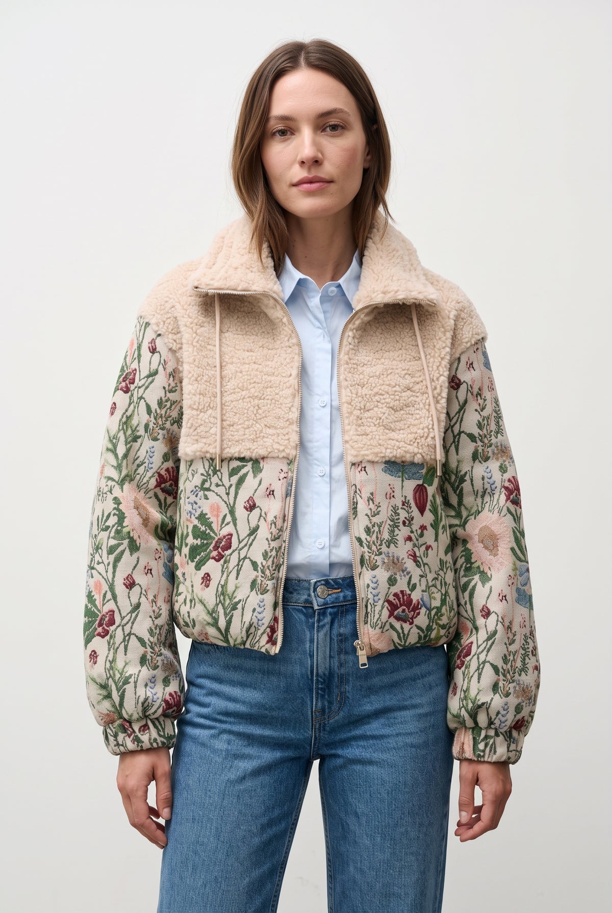 CHAQUETA ACOLCHADA DE JACQUARD CON FLORES Y EFECTO PIEL DE CORDERO